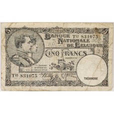 BELGIUM 1938 . FIVE 5 FRANCS BANKNOTE 